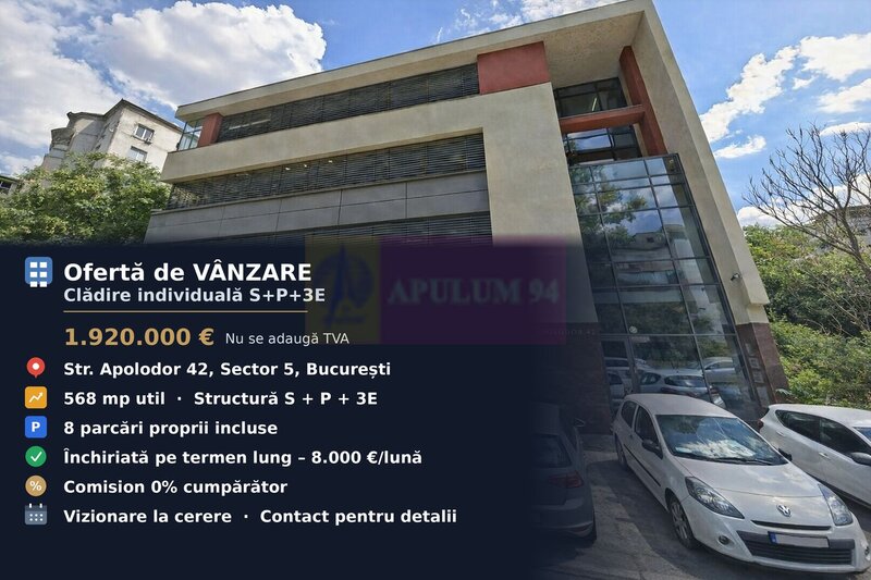 Cladire individuala S+P+3E, zona Parlament | Inchiriata, randament 5%